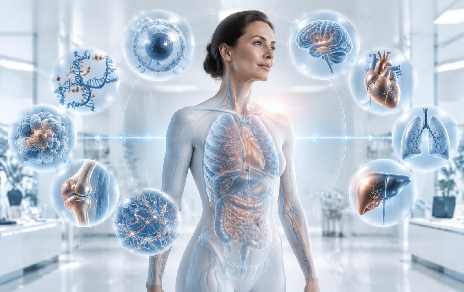 Human figure surrounded by cellular and organ-system visualizations representing a personal baseline