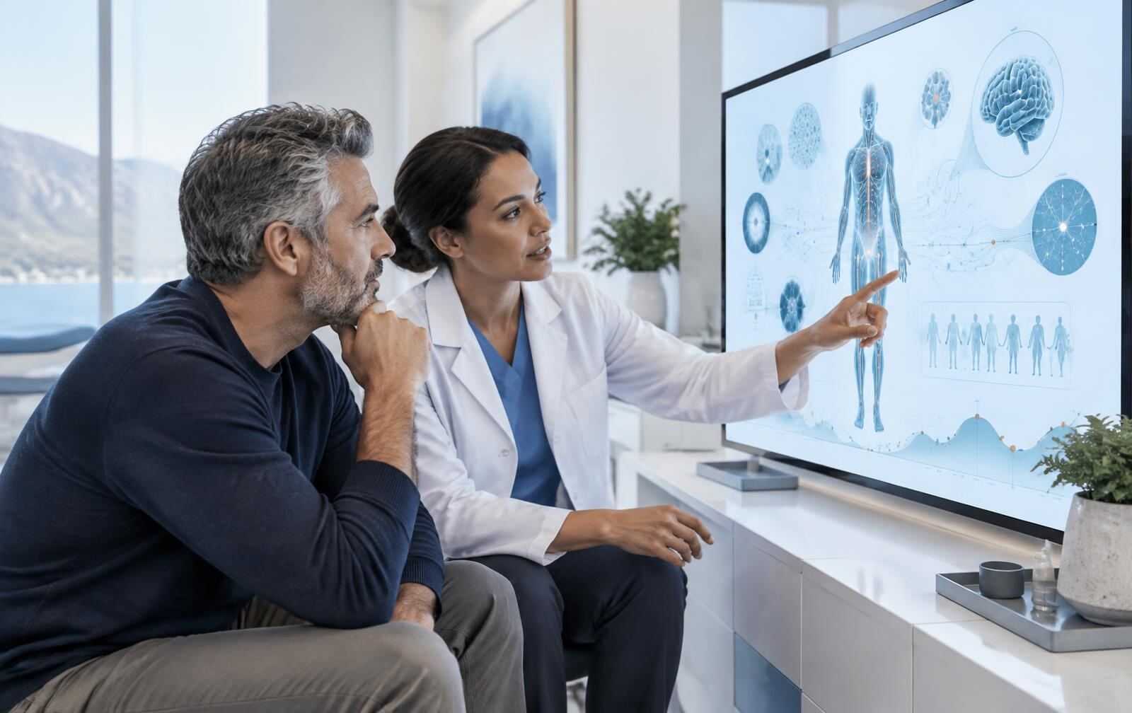 Clinician and patient reviewing a personal biological systems visualization together