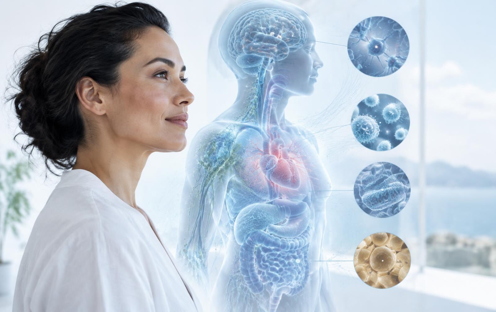 Adult beside a clinical visualization of interconnected biological systems