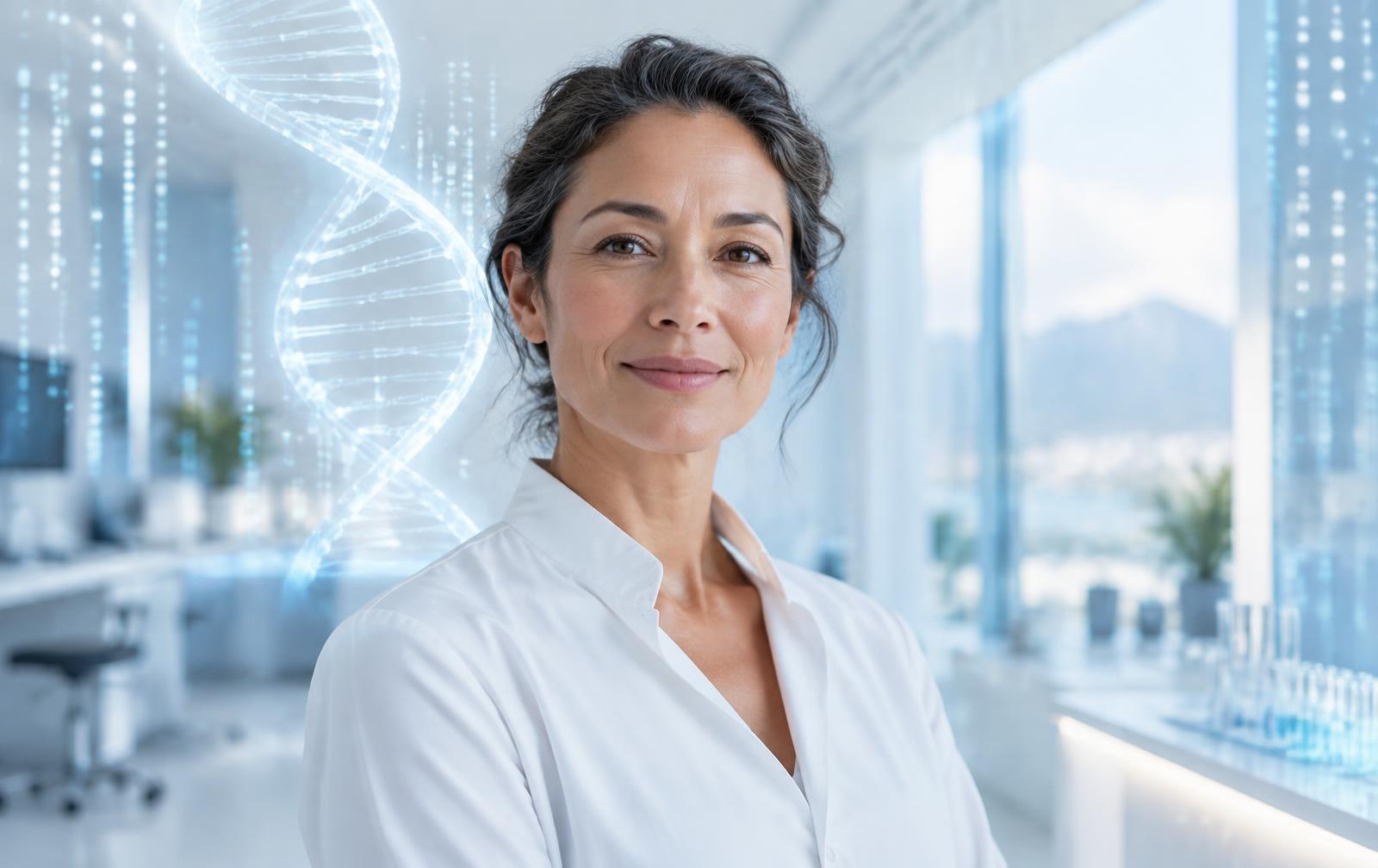 Adult with a subtle DNA visualization representing inherited biological architecture