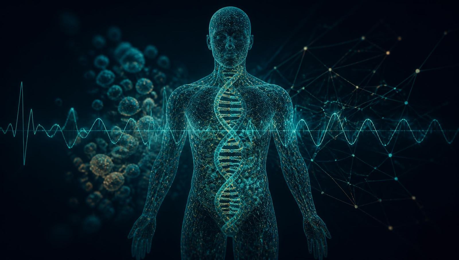 Translucent human figure mapped by genomic, signal, microbiome, and heart-rate-variability data layers