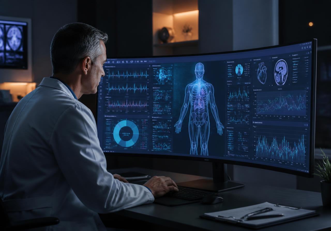 Physician reviewing an integrated four-dimension patient health dashboard on a wide clinical monitor