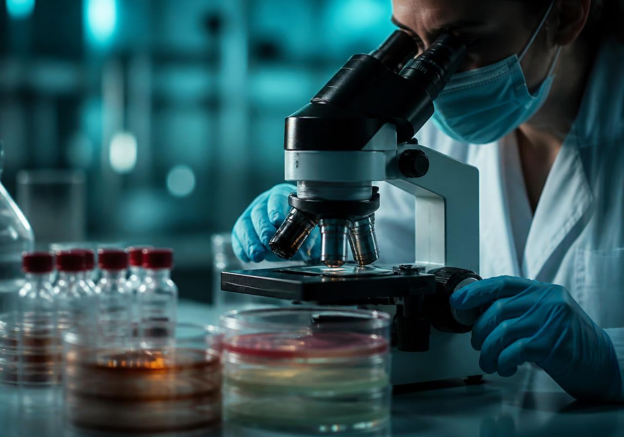 Microbiologist examining gut microbiome culture samples under a microscope
