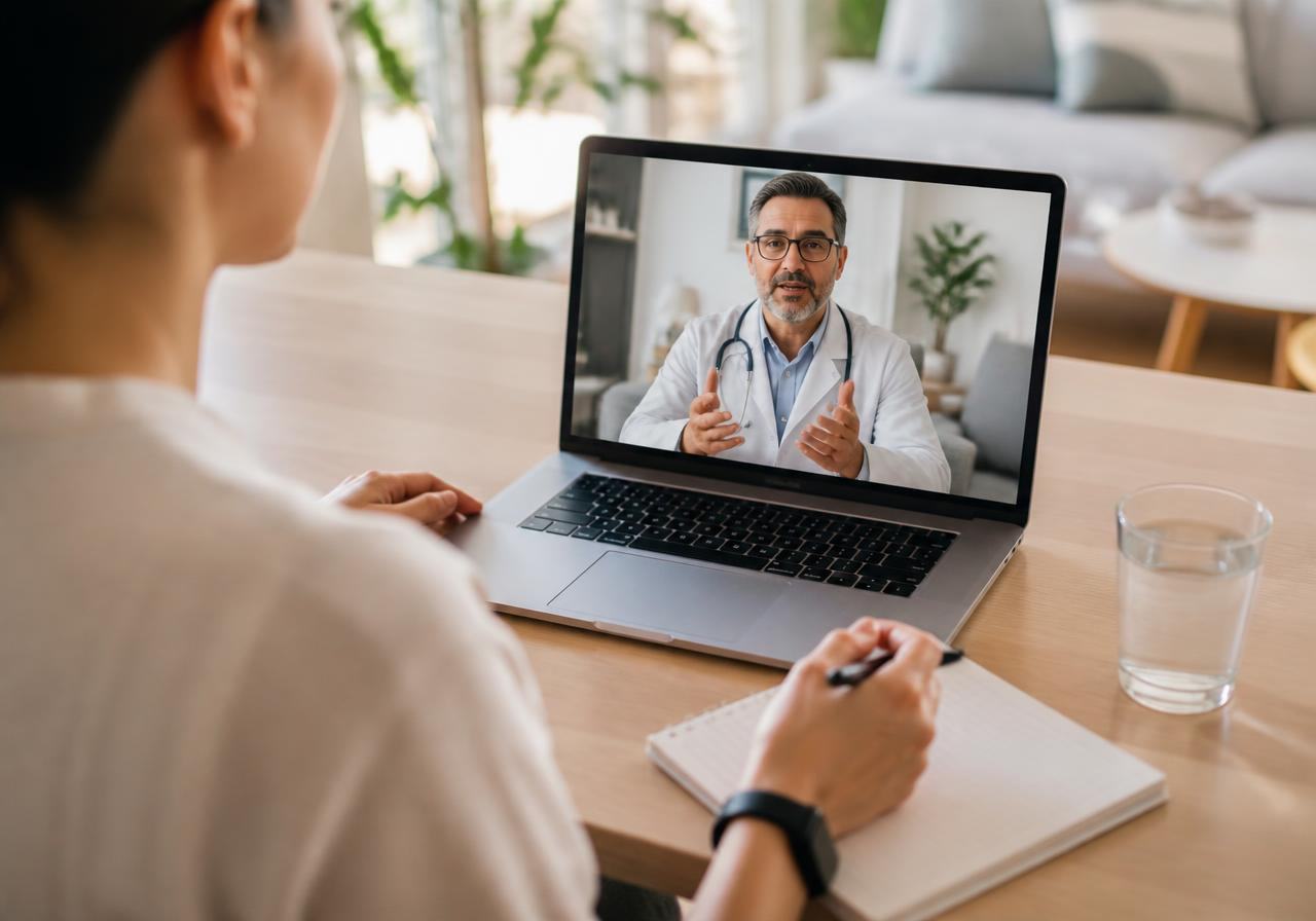 Patient meeting a Kure Health provider by video from home while wearing a biometric band