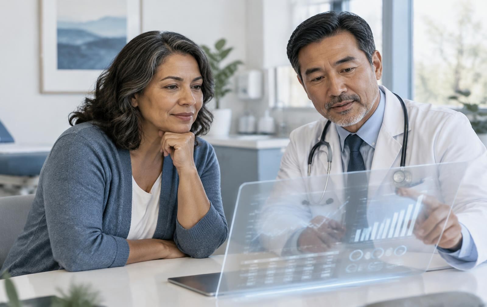 Patient and clinician carefully reviewing diagnostic trends
