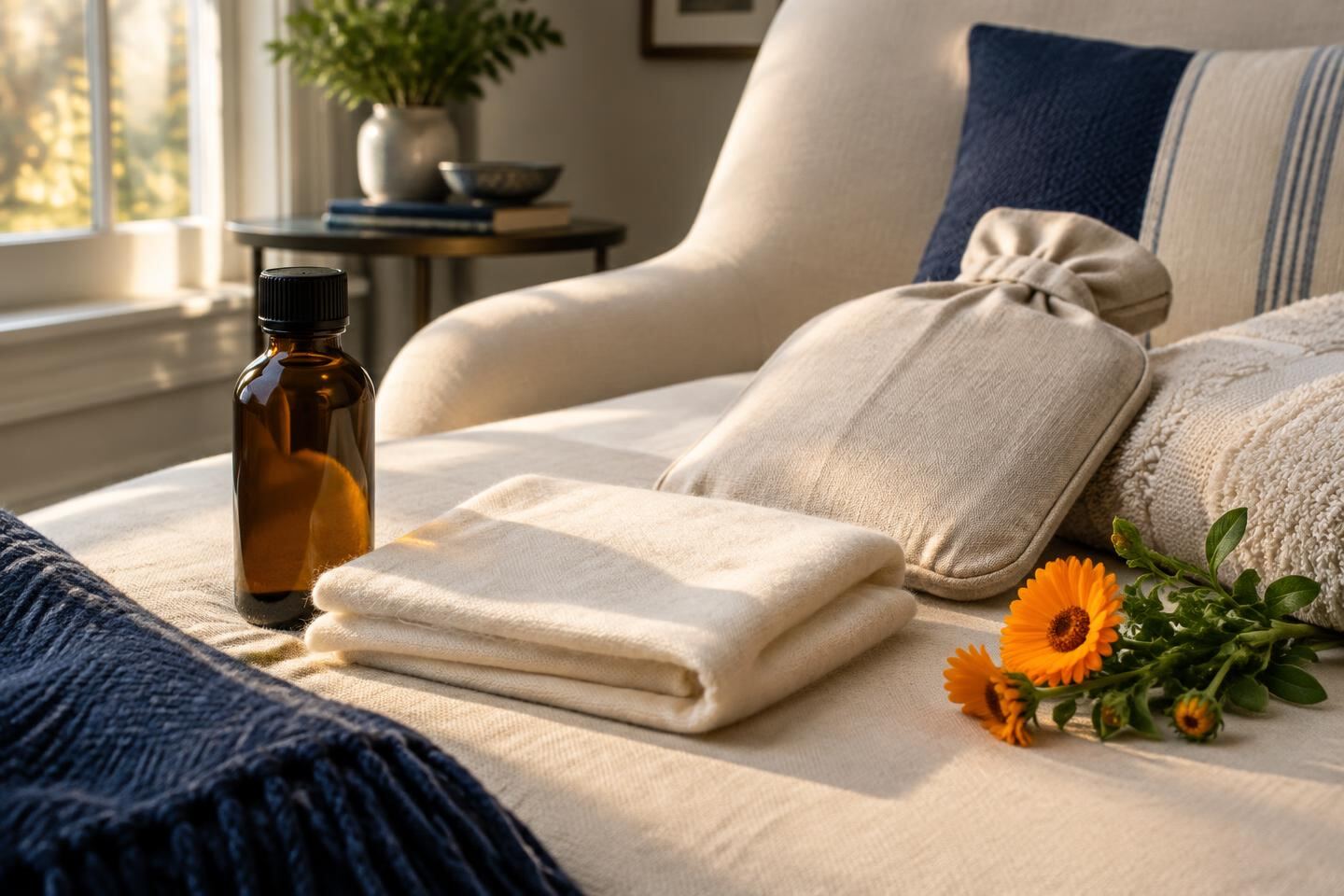 Castor oil bottle, cotton flannel and warm pack prepared for an evening ritual