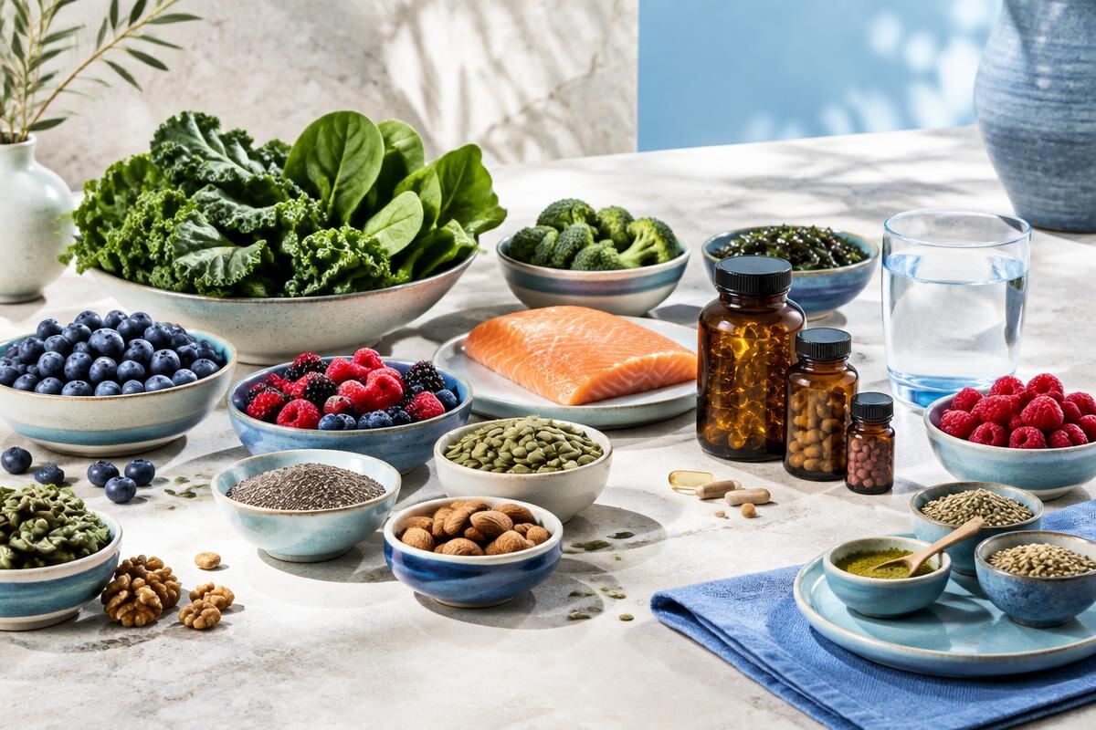Mineral-rich foods, berries, seeds and daily preparations for cellular support