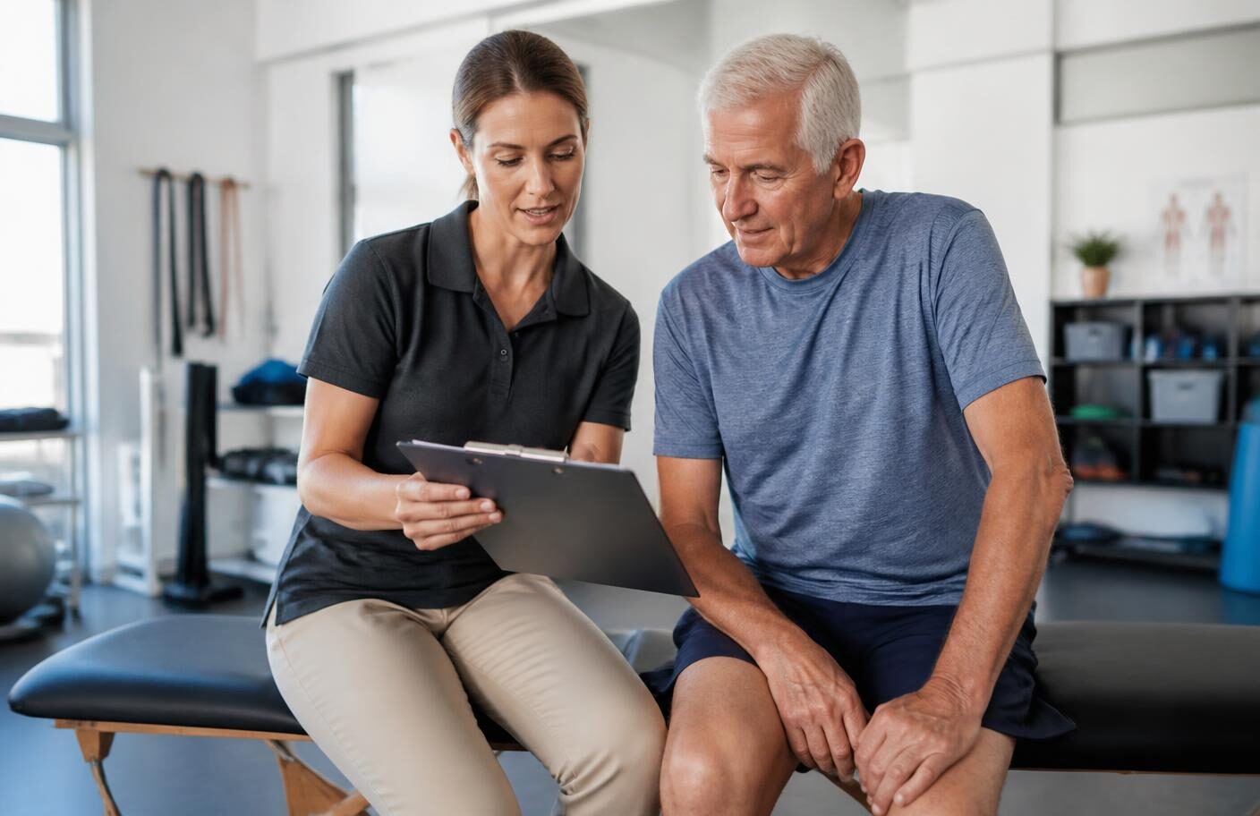 Physical therapist reviewing a chart with an older male patient in a modern rehabilitation clinic, the kind of practice that refers into the Kure Health network