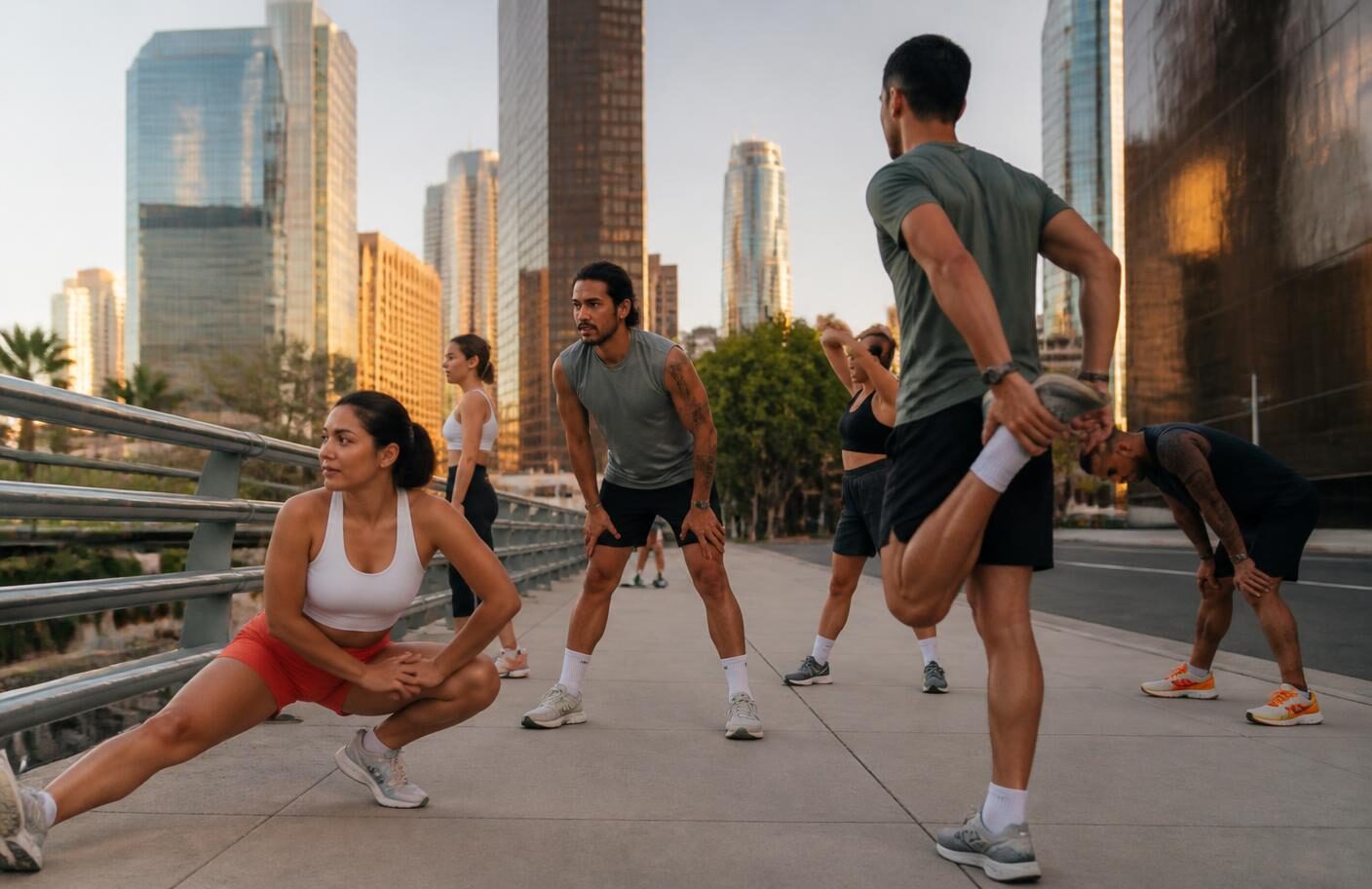 Runners in athletic clothing stretching on a downtown Los Angeles bridge walkway at sunrise with towers behind them, a run club group before a Kure Health recovery clinic