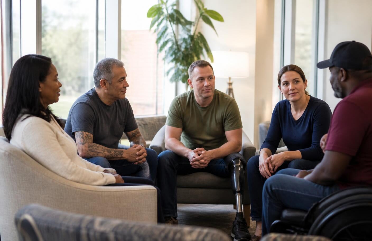 Group of American veterans, including a man with a prosthetic leg and a man in a wheelchair, talking together in a bright clinic lounge before a covered recovery session