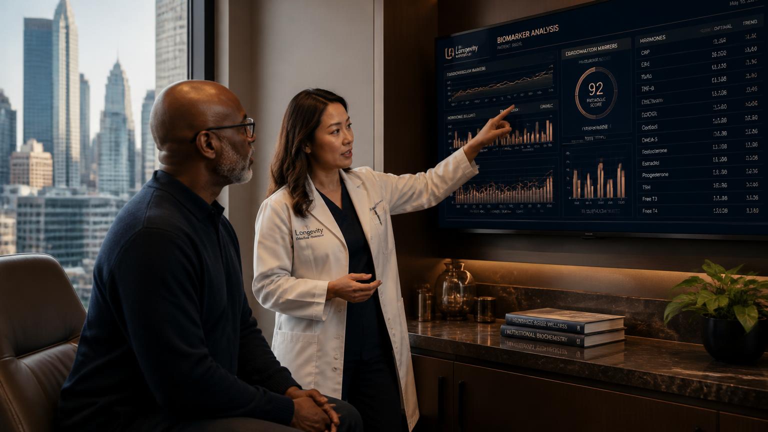 Kure Health physician reviewing biomarker results with a patient in Downtown Los Angeles, compared with Function Health