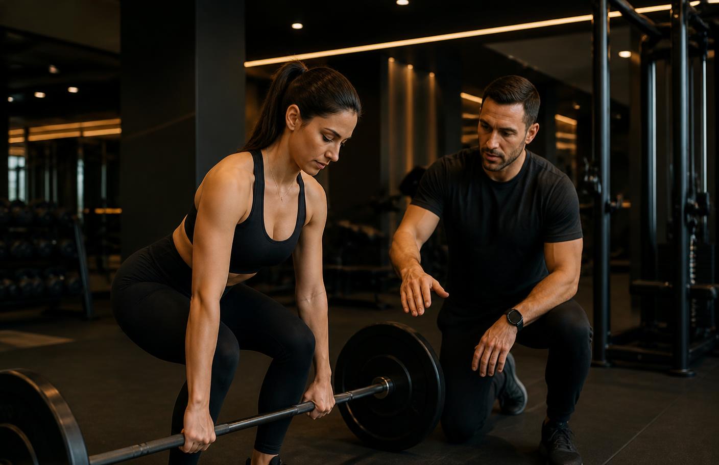 Coach guiding a barbell lift in a premium fitness club, the training-led model Function Health is built around
