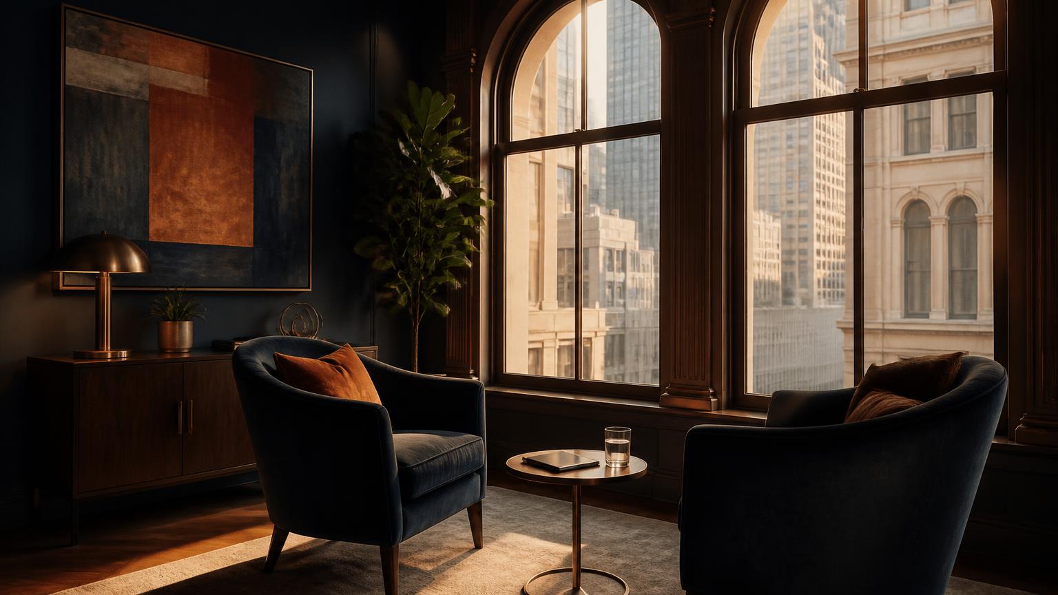 Private consultation suite with navy velvet chairs and tall arched windows overlooking Downtown Los Angeles