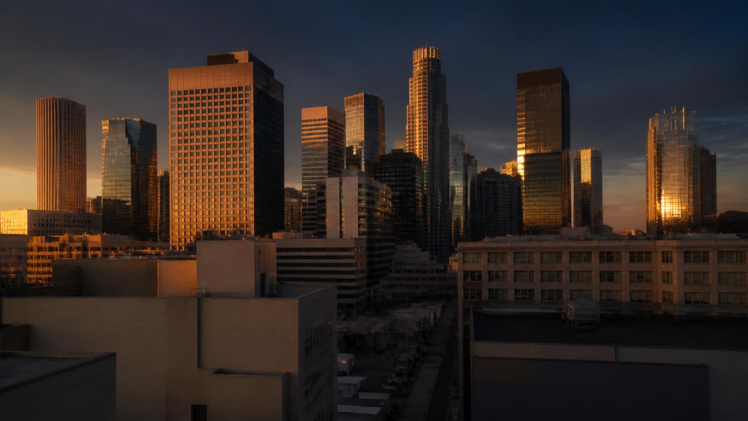 Downtown Los Angeles office towers at golden hour seen from a Historic Core rooftop with production trucks on the street below