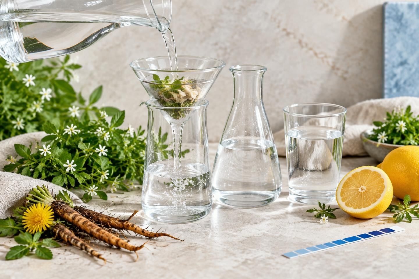 Water filtering through botanicals beside dandelion root and lemon