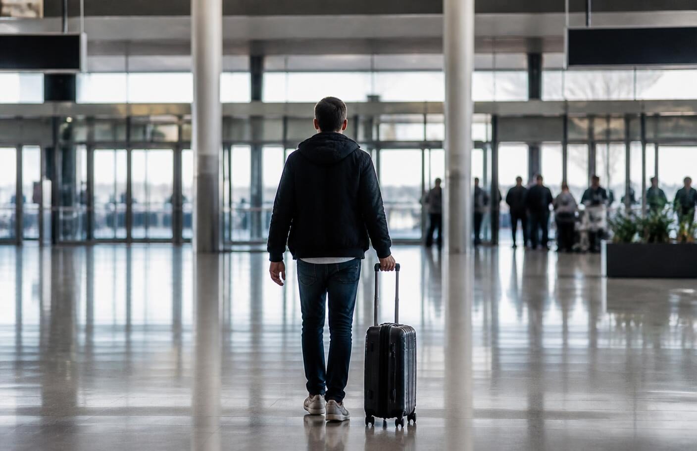 Guest arriving through an airport hall with luggage, the jet-lagged check-in your front desk sees every evening