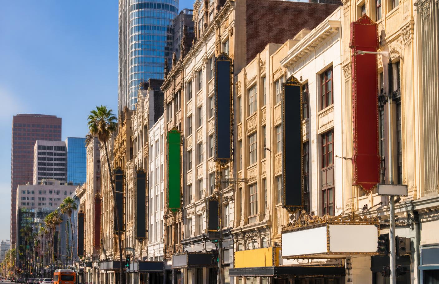 Terracotta and brick Broadway building fronts housing downtown Los Angeles practices that refer patients to the clinic