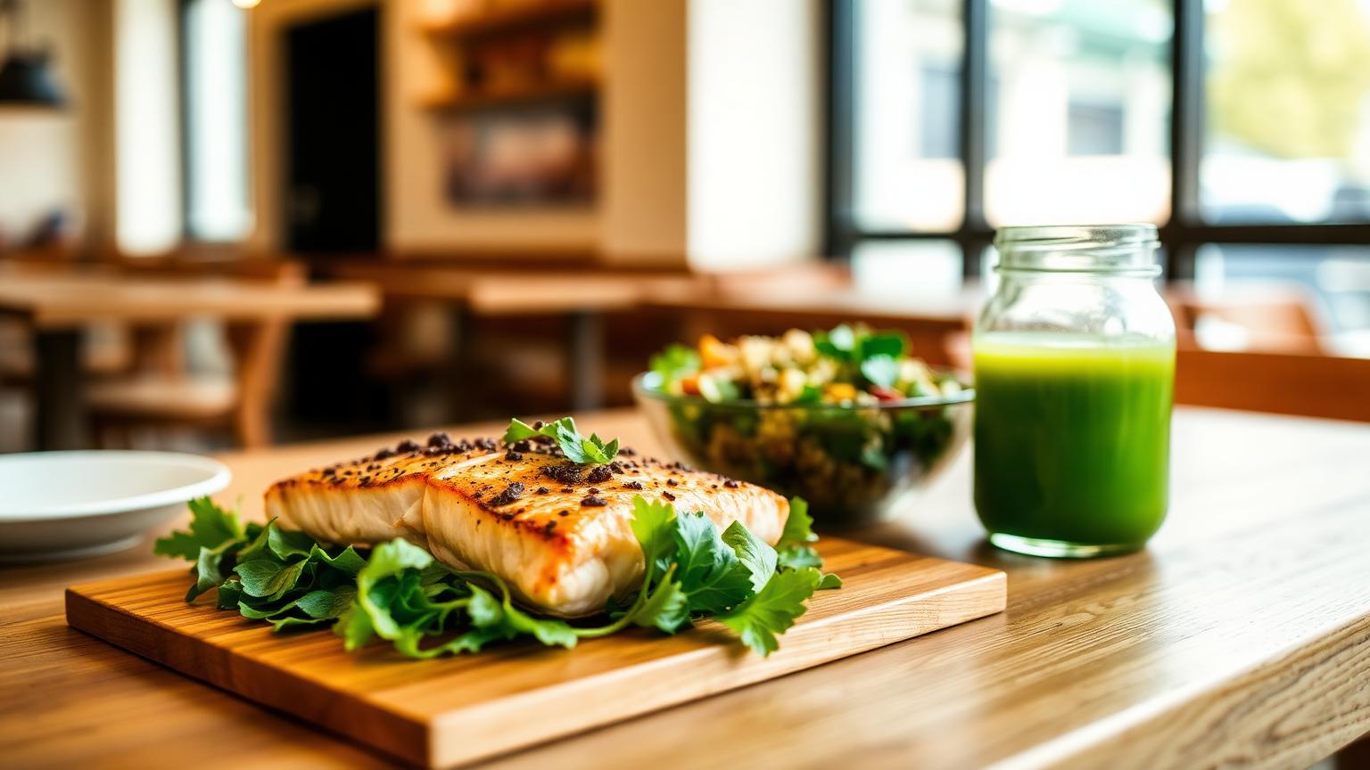 Grilled fish, a grain and vegetable bowl, and a cold-pressed green juice on a wooden table in a bright Downtown Los Angeles cafe