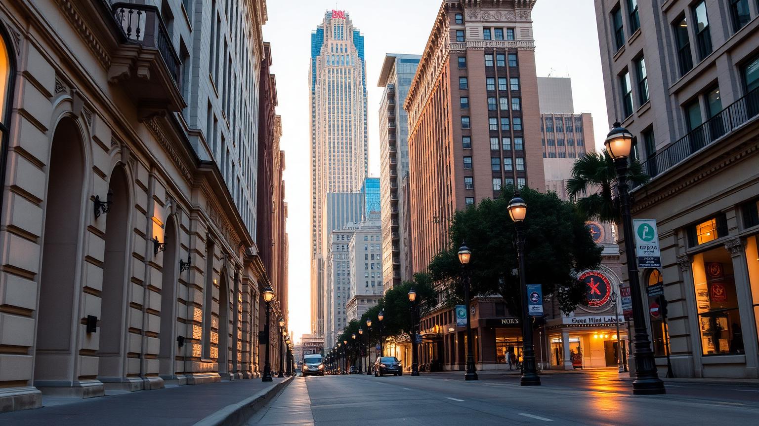Golden hour view down Spring Street in the Historic Core of Downtown Los Angeles, beaux-arts facades and streetlamps