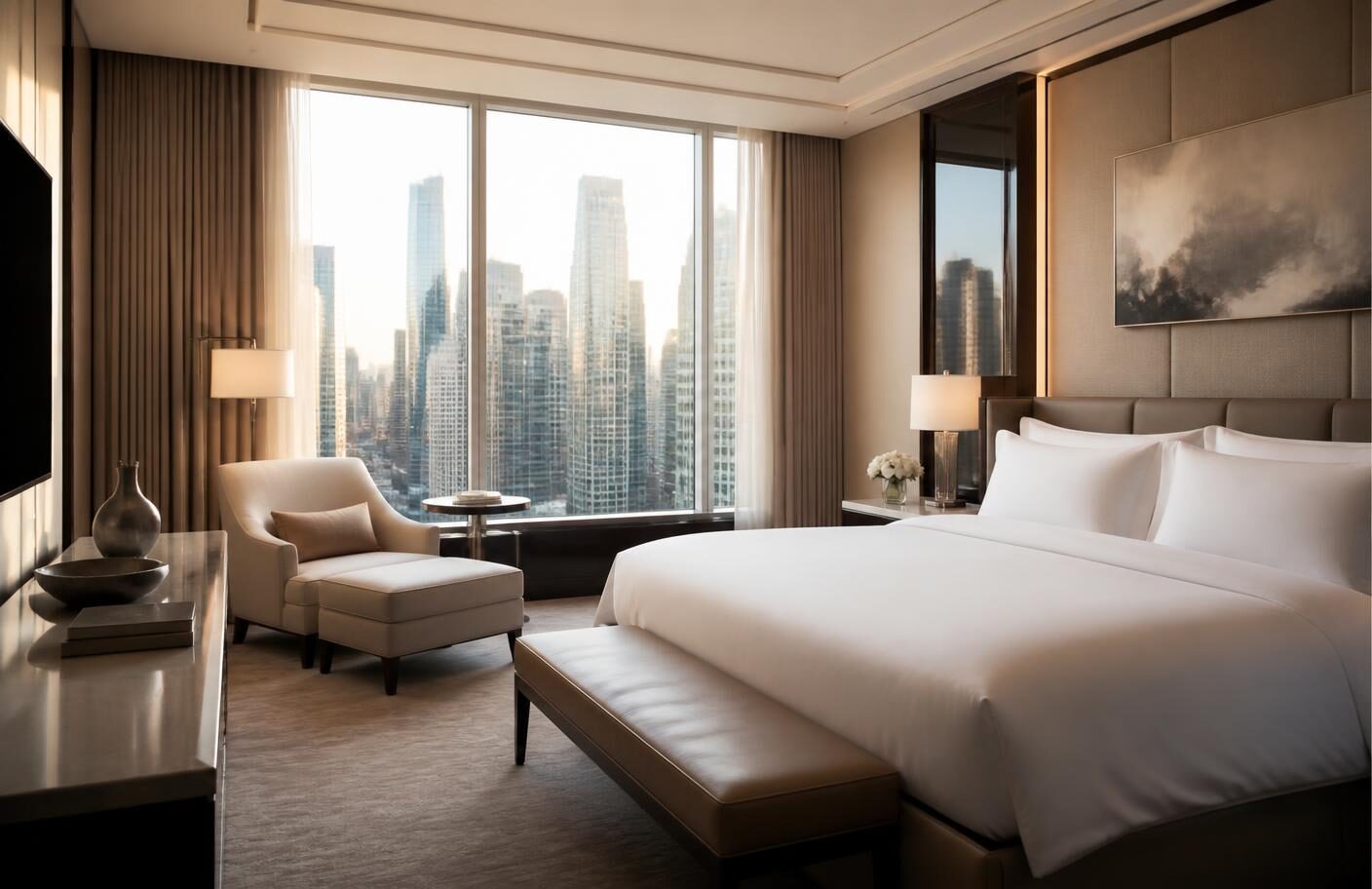 Turned-down hotel room with warm lamplight and a downtown window view, used as a mid-page break on the hotel concierge partnership page