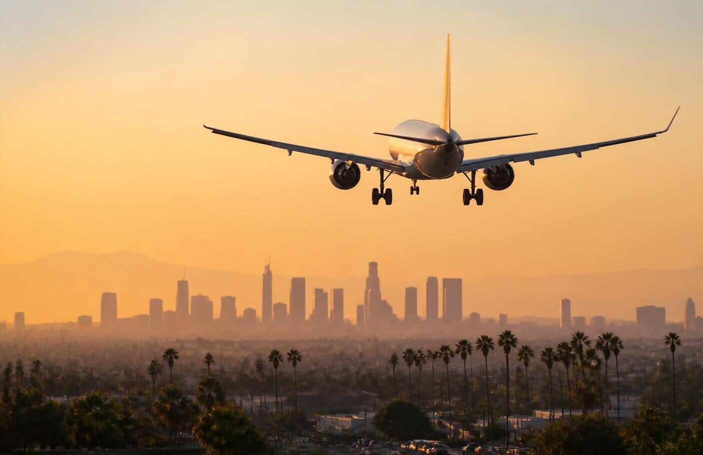 Passenger jet descending toward Los Angeles at golden hour, the travel pattern concierge scheduling is designed around