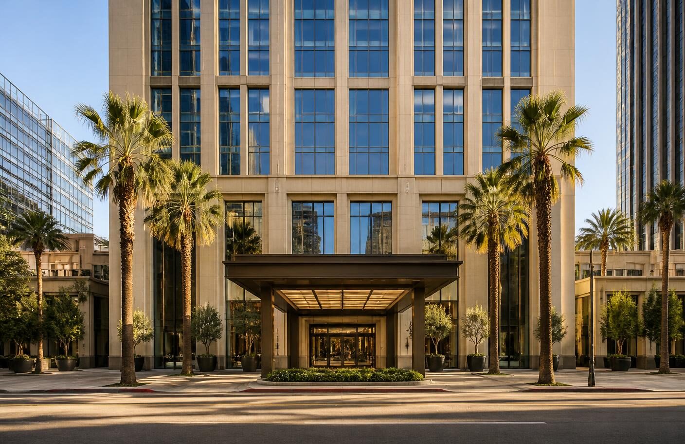 Stone-clad Downtown Los Angeles tower entrance framed by palms, representative of the Financial District practices in the referral network
