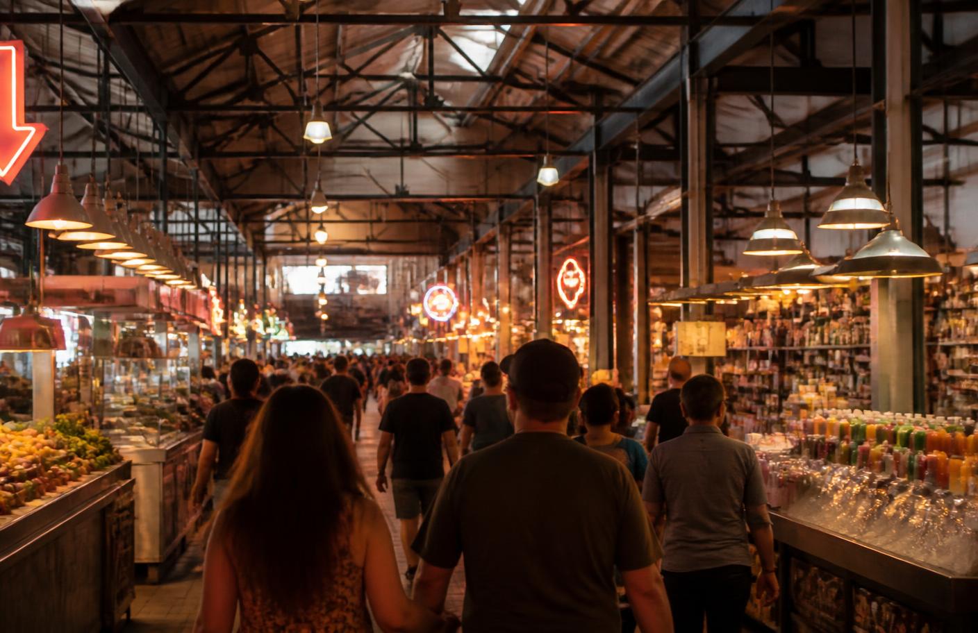 Indoor Downtown Los Angeles market hall with food counters where recovery day groups eat between screening and oxygen sessions