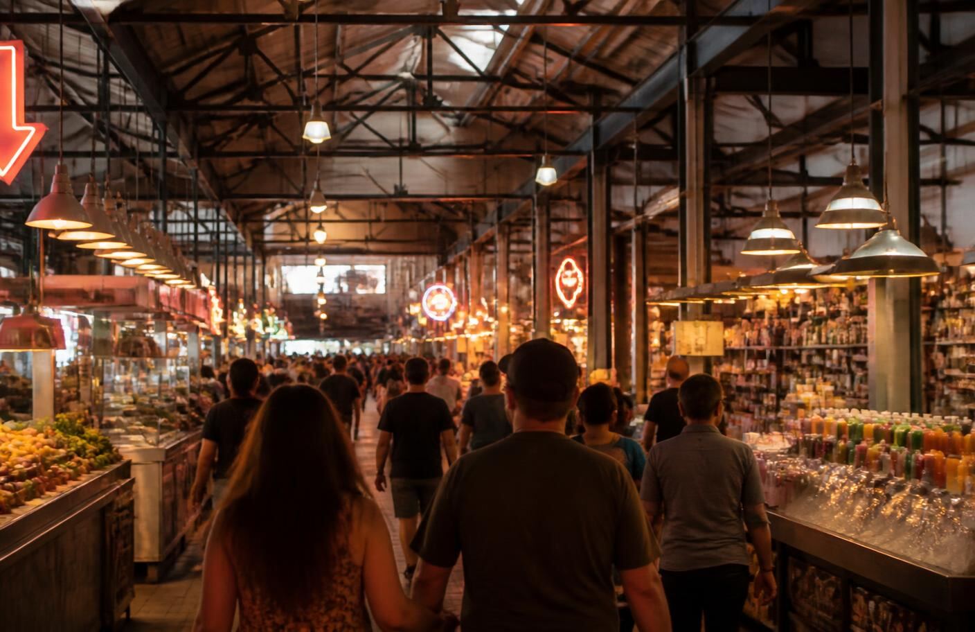 Busy downtown market hall aisle with juice and produce counters where training groups refuel after a recovery clinic