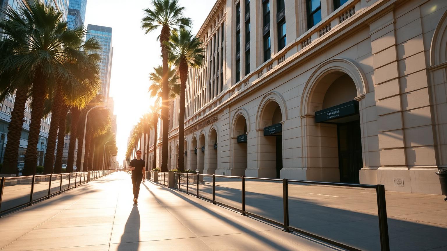 Person walking a sunlit Historic Core sidewalk in Downtown Los Angeles on a recovery afternoon between clinic sessions