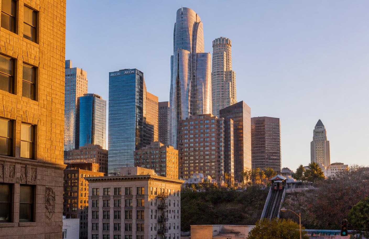 Downtown Los Angeles financial district towers and City Hall seen from the Historic Core referral catchment