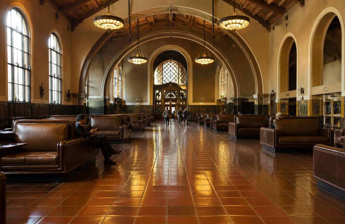 Historic Los Angeles rail terminal waiting hall with arched windows, the Metro arrival route veterans traveling in from across the county use