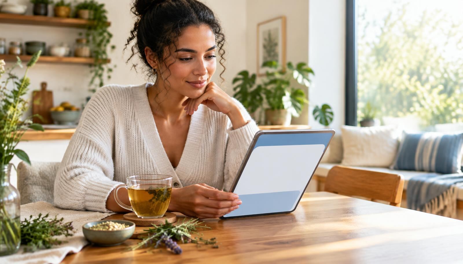 Woman considering a personalized wellness routine on a tablet
