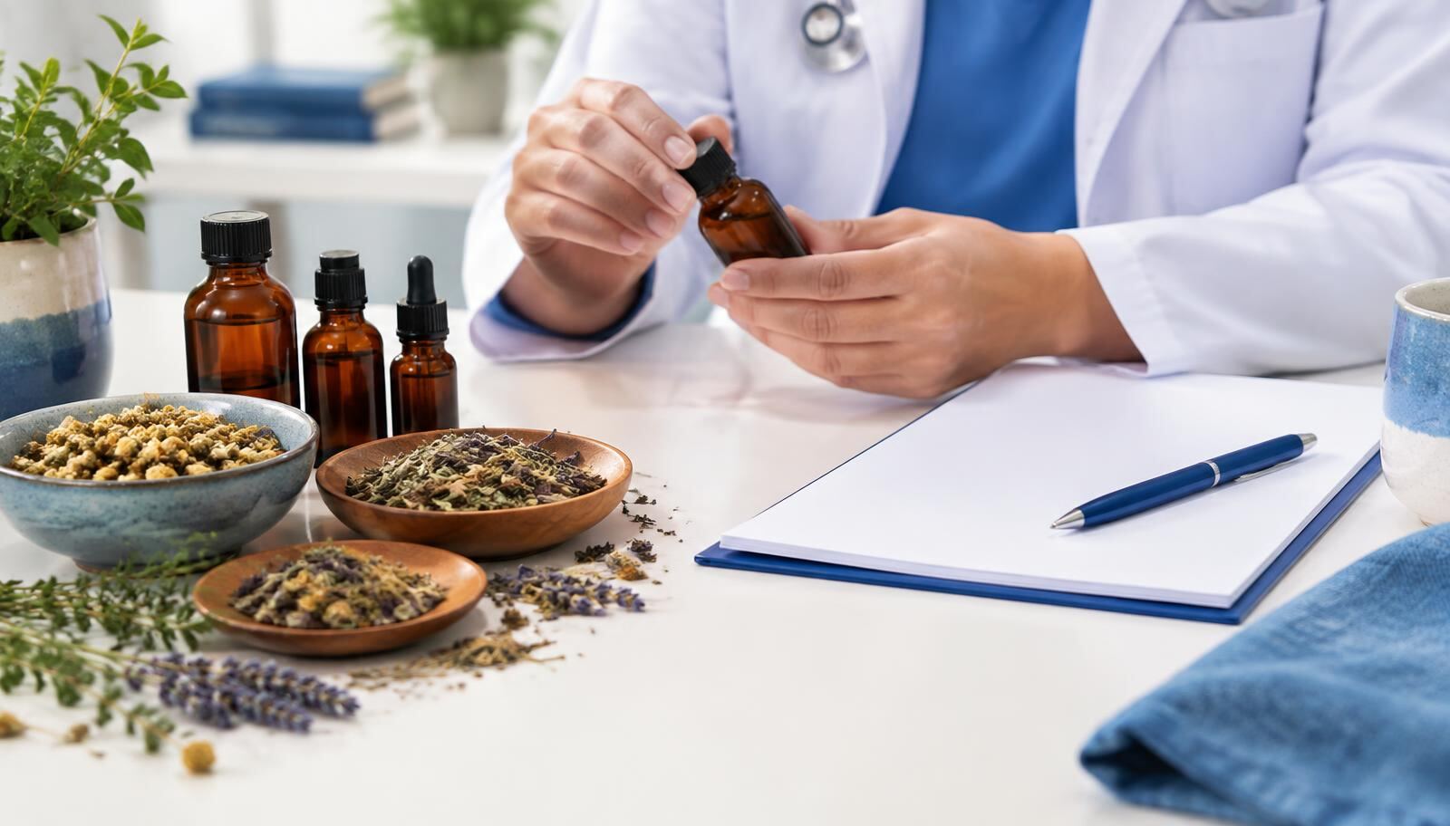 Clinician reviewing botanical preparations and a medication list