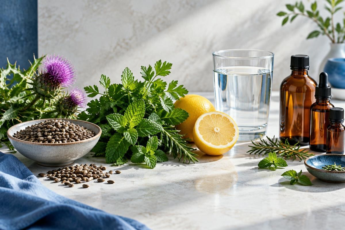 Milk thistle, lemon, water and herbal preparations for filtration support