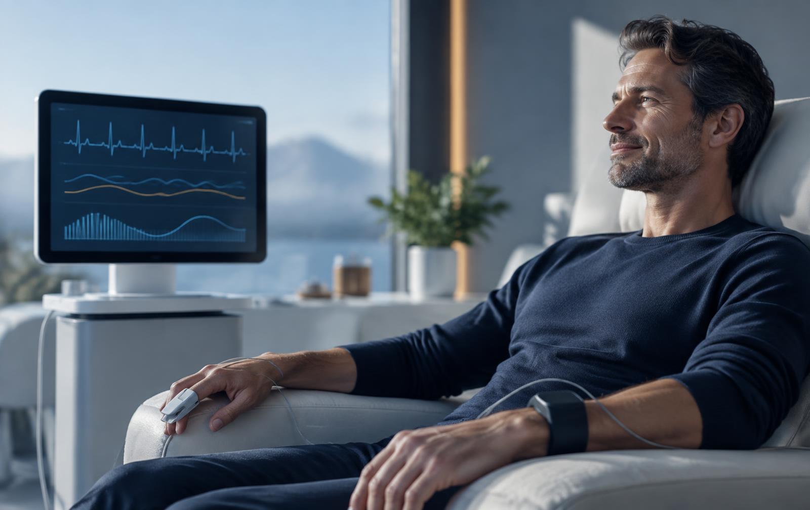 Patient completing a non-invasive cardiovascular and autonomic measurement