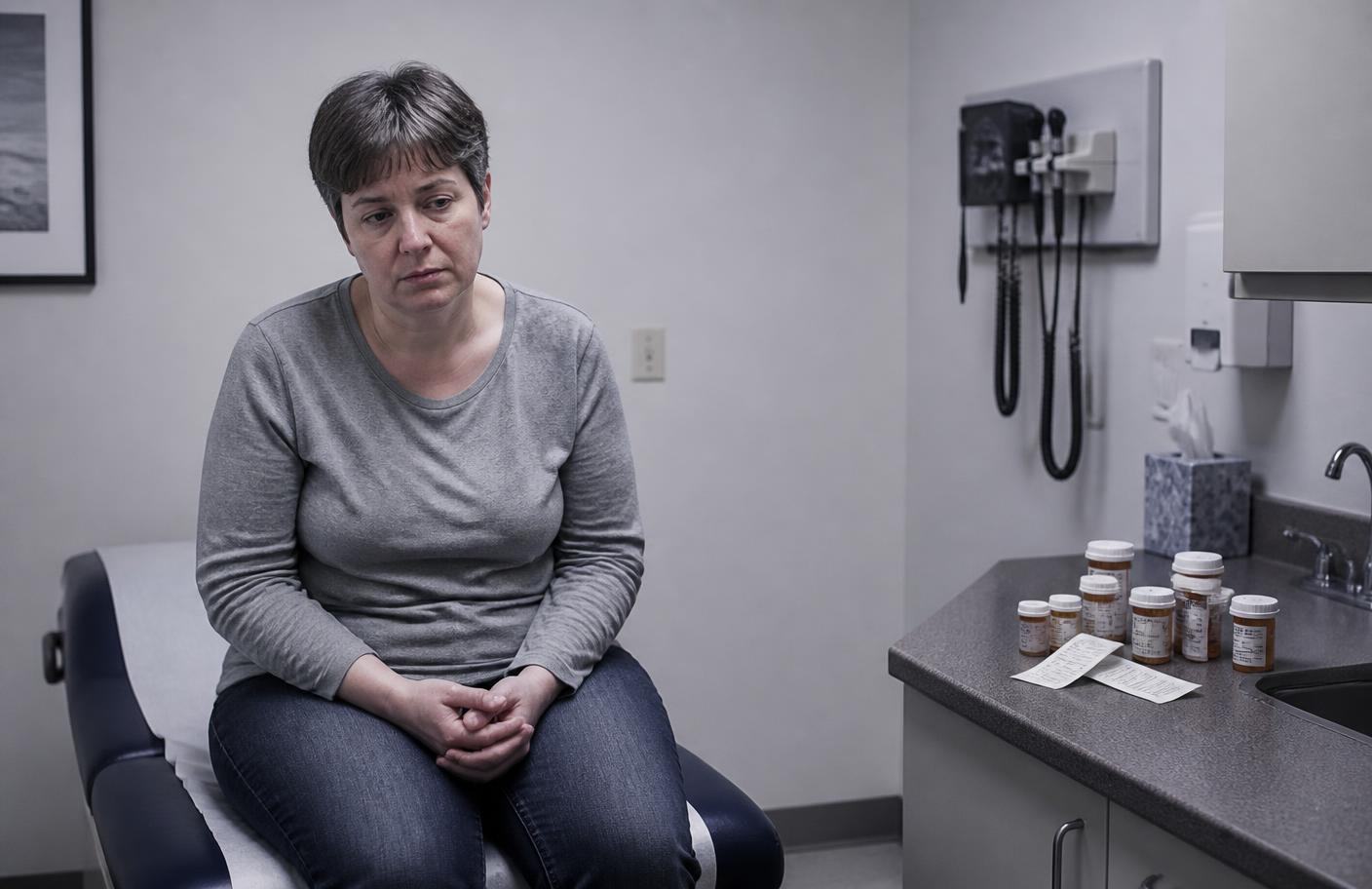 Patient sitting alone in a conventional exam room with multiple prescription bottles on the counter