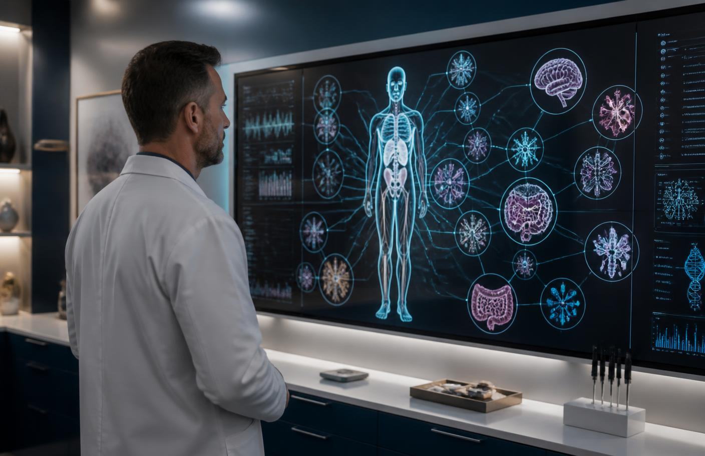 Kure Health physician reviewing an interconnected whole-body signal map across hormone, gut, immune and genomic systems
