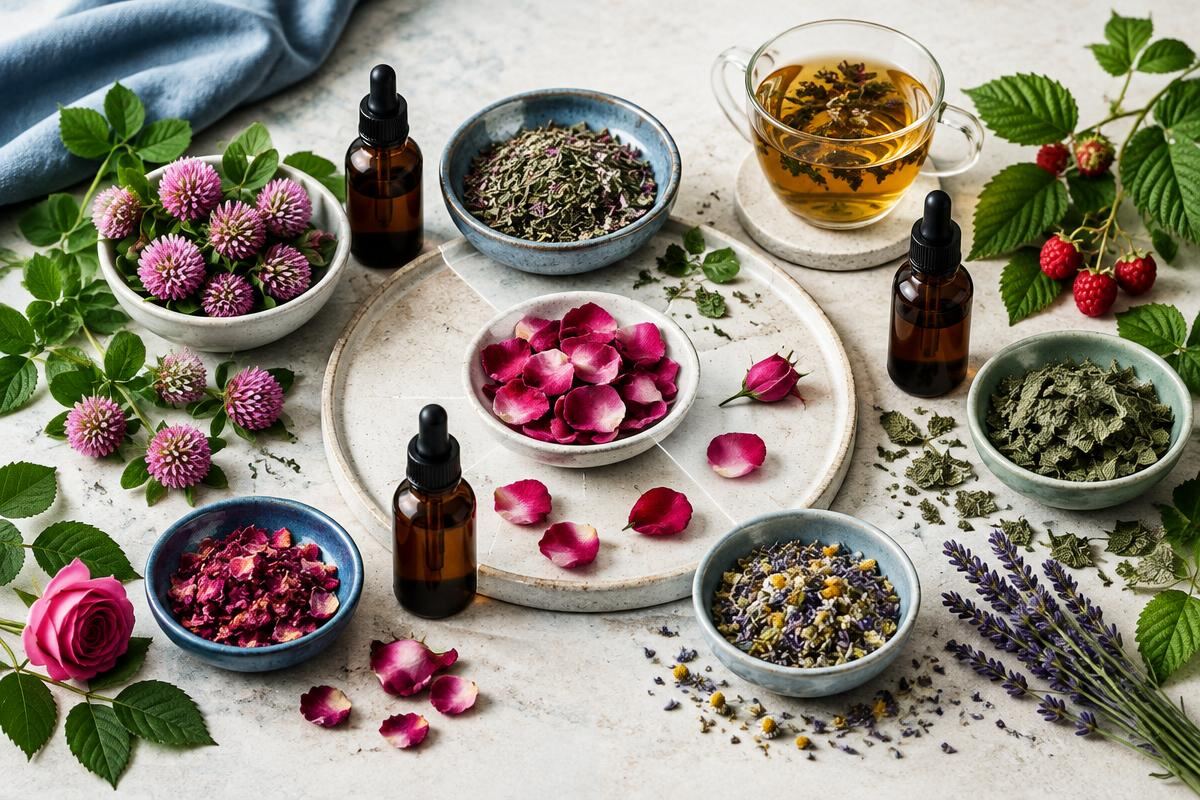 Red clover, rose, raspberry leaf and herbal tea arranged around a cyclical ritual