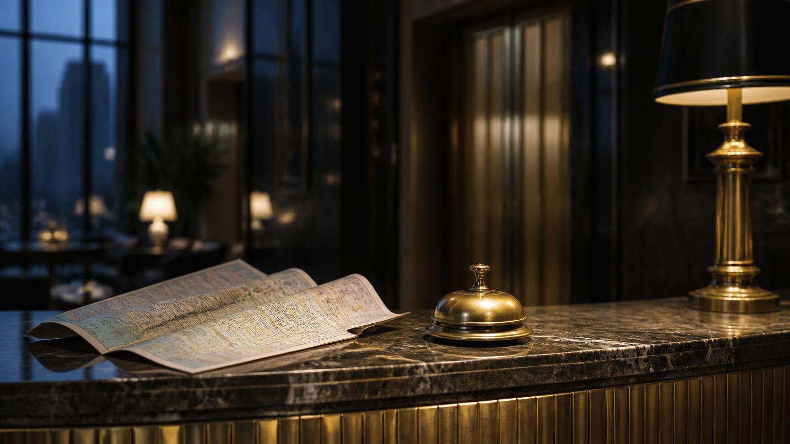 Marble and brass concierge desk in a Downtown Los Angeles hotel lobby at dusk with a folded city map and a service bell
