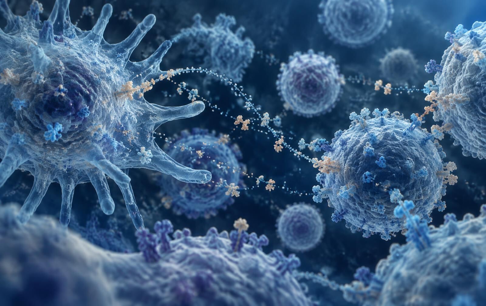 Scientific visualization of immune cells exchanging molecular signals