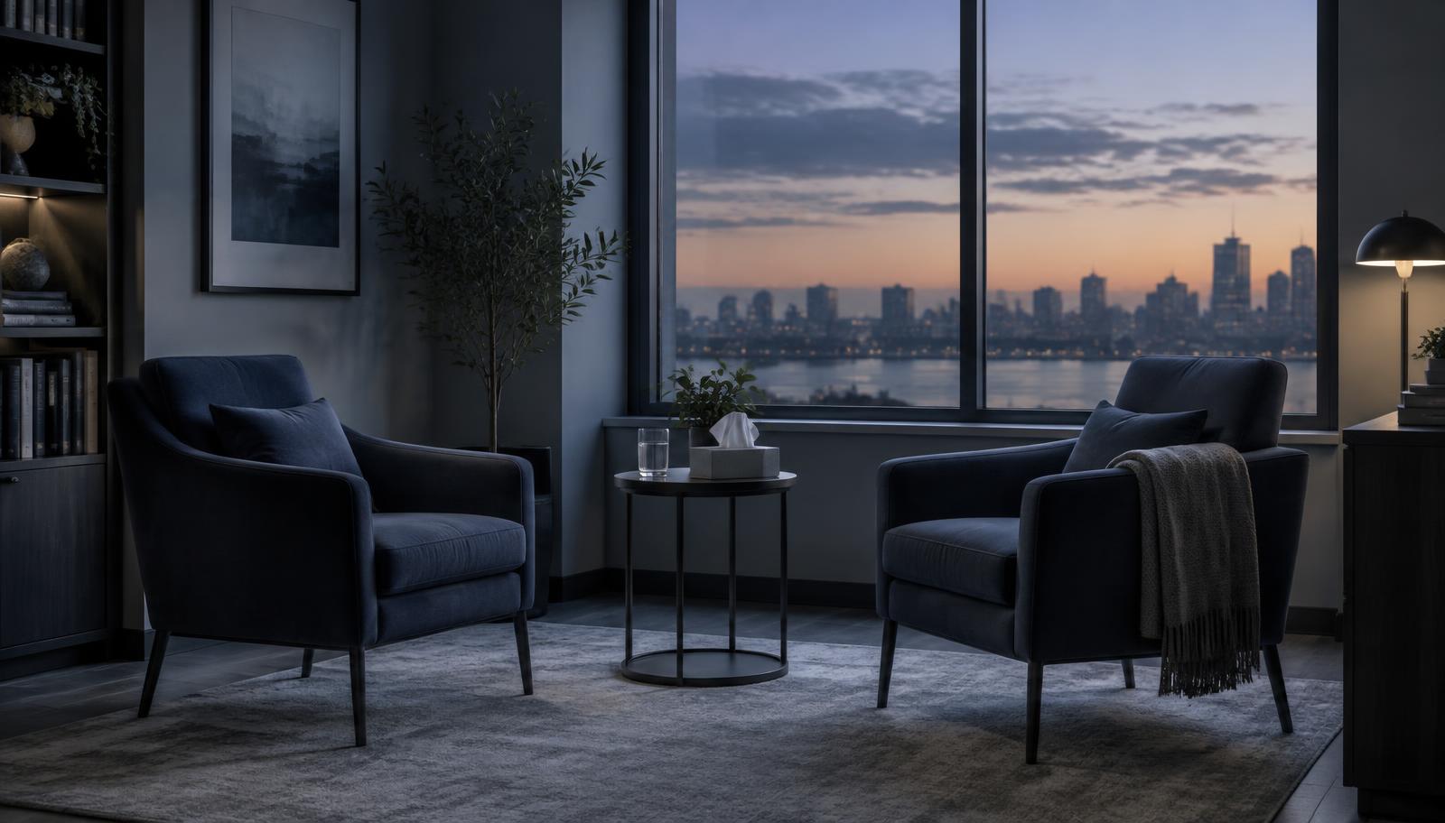 Two empty chairs beside a window in a quiet consultation room at dusk