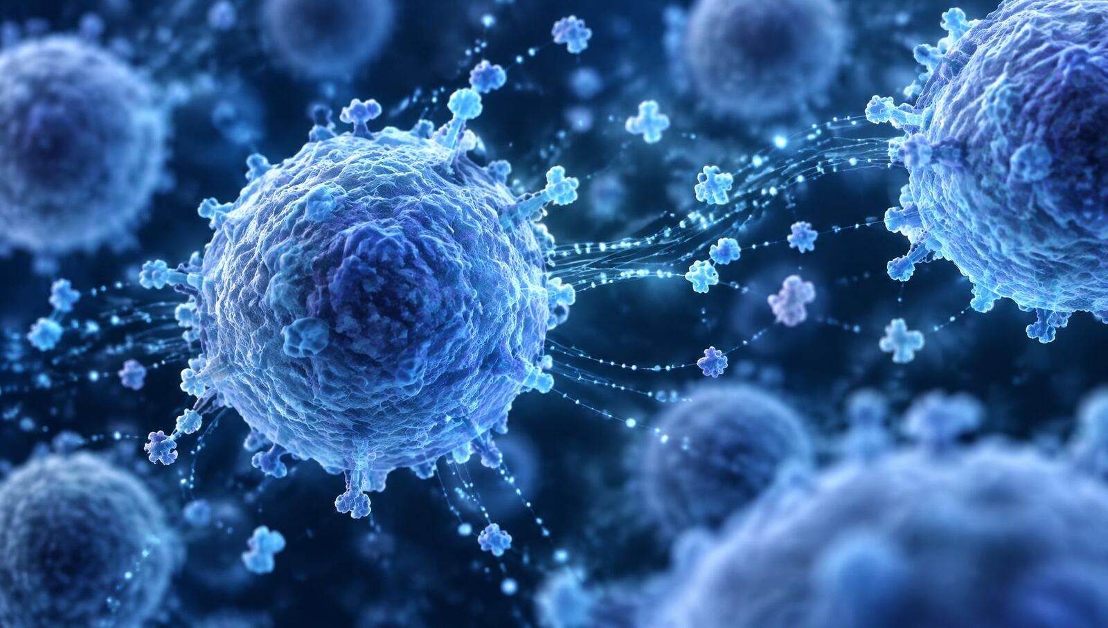Abstract visualisation of immune cells exchanging signalling molecules
