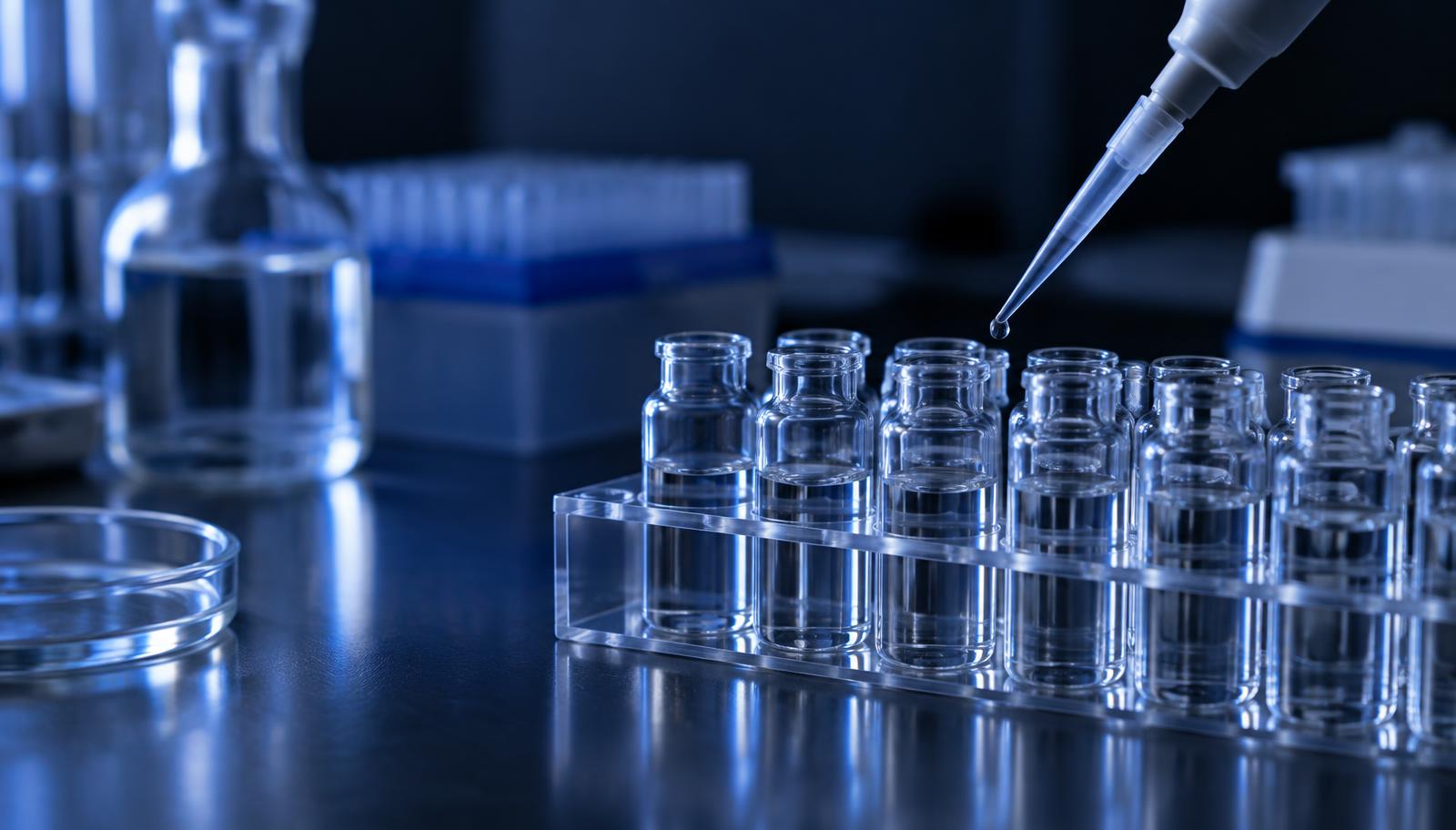 Laboratory bench with a pipette and a rack of clear vials under cool blue light
