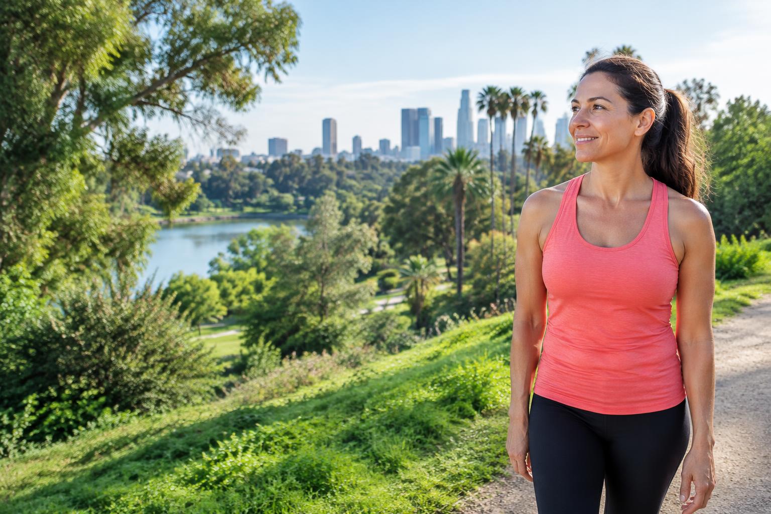 Woman in a coral athletic top pausing beside green parkland with Los Angeles buildings beyond