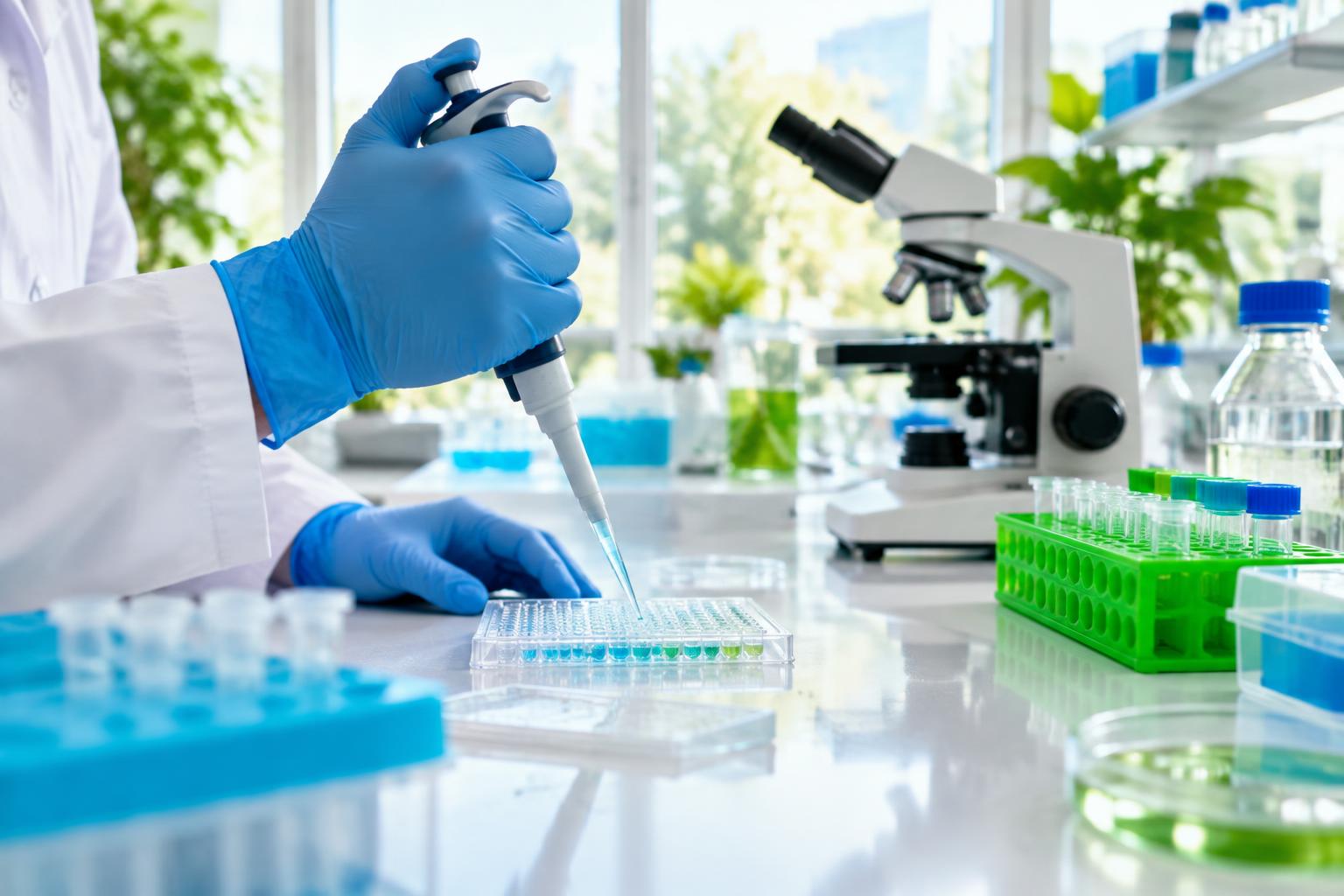 Gloved hand using a micropipette over a sample plate beside a laboratory microscope