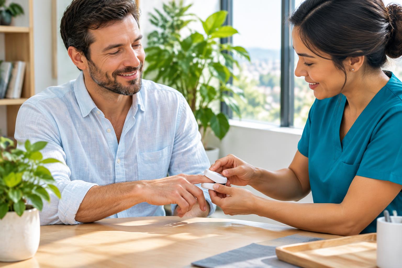 Clinician placing a fingertip pulse sensor on a seated man’s hand