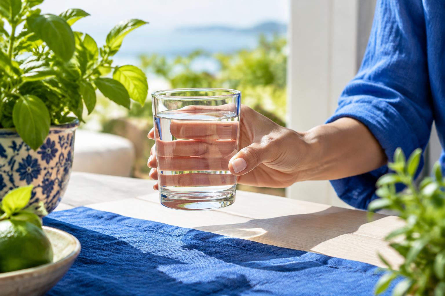 Hand lifting a clear glass of drinking water beside blue linen and green plants