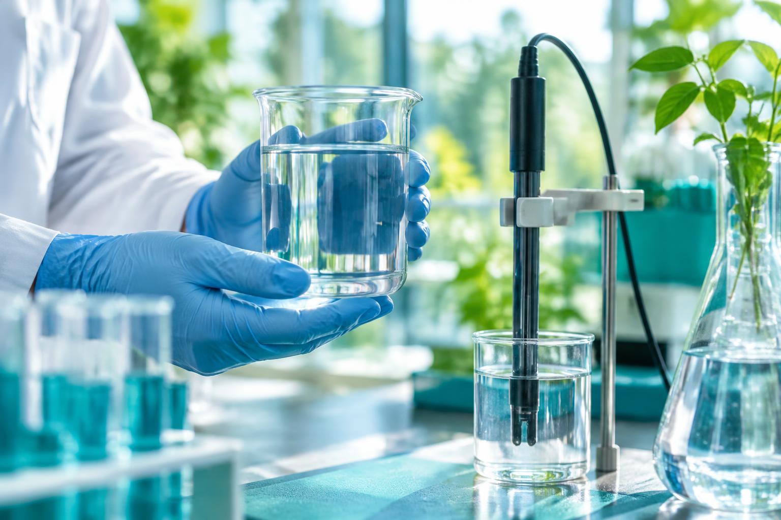 Blue-gloved hands holding a beaker beside a dissolved-oxygen probe in a sunlit laboratory