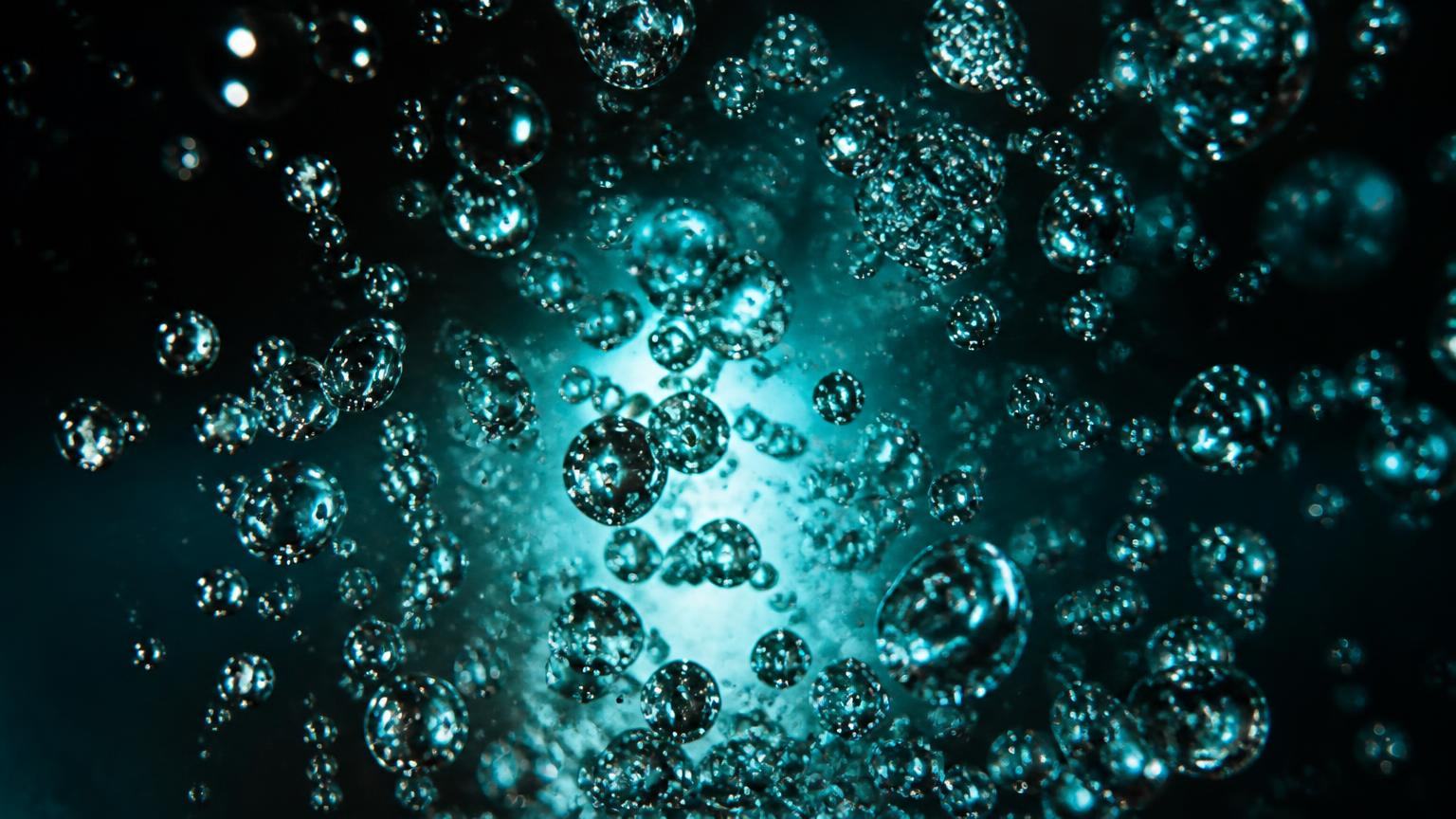 Macro view of stabilized oxygen bubbles suspended in ultra clear Kaqun water