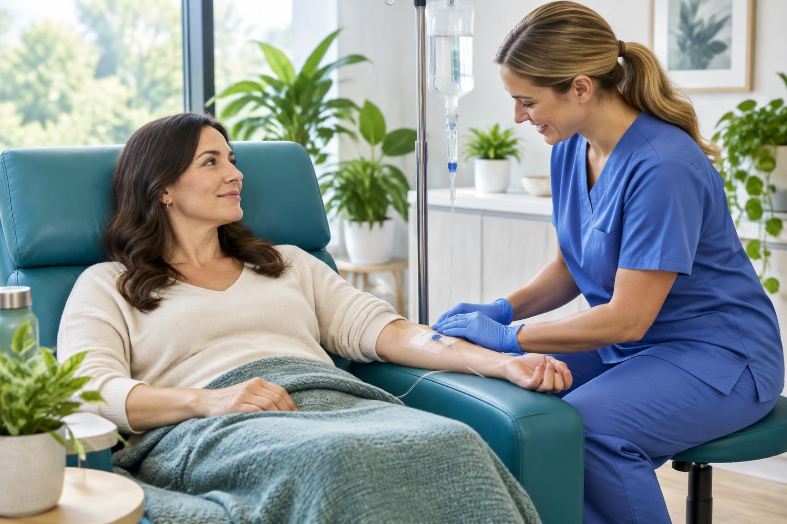 Nurse checking a dressed IV line on a woman resting in a teal recliner